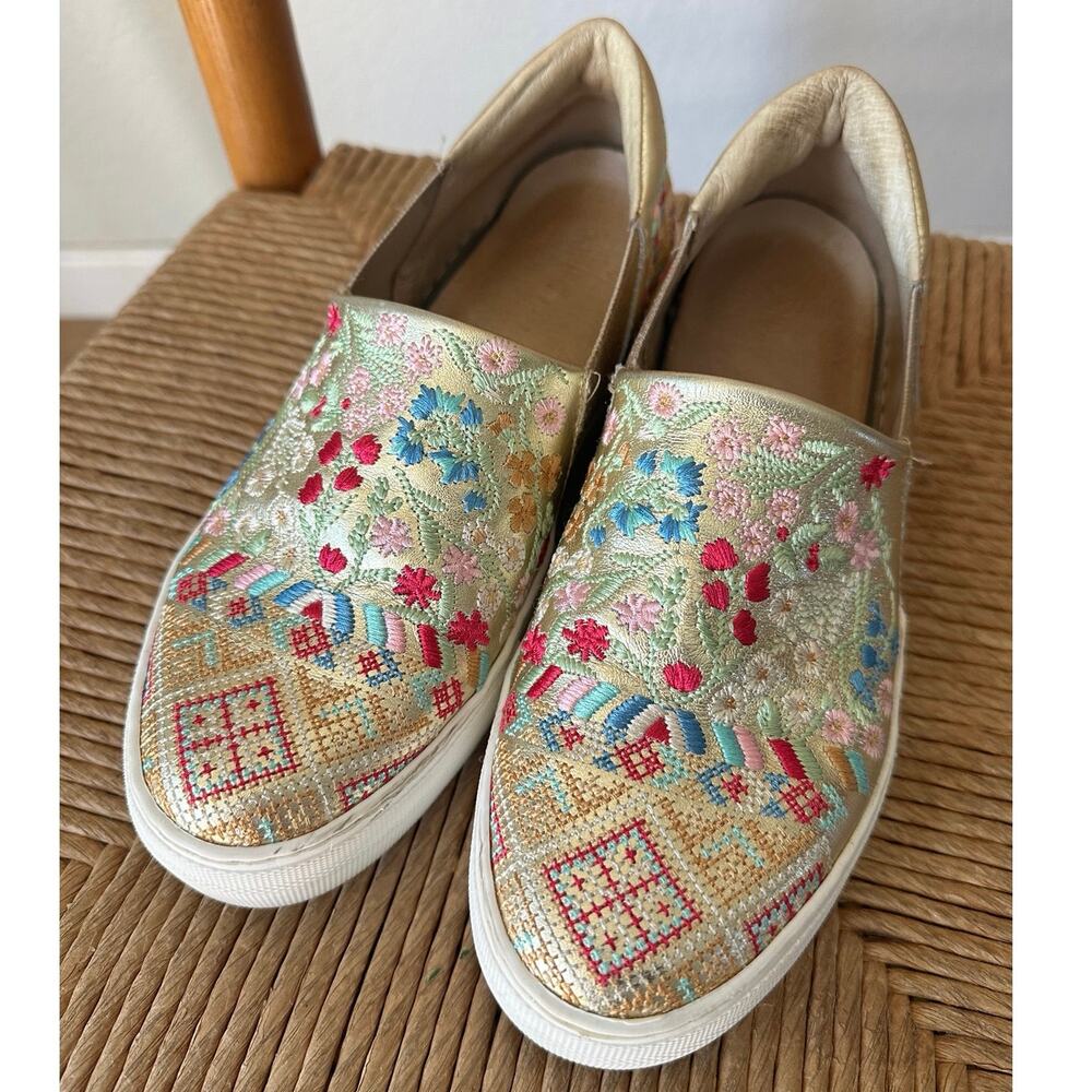 Johnny Was Vinny Morocco Embroidered Loafers Gold Floral Size 37